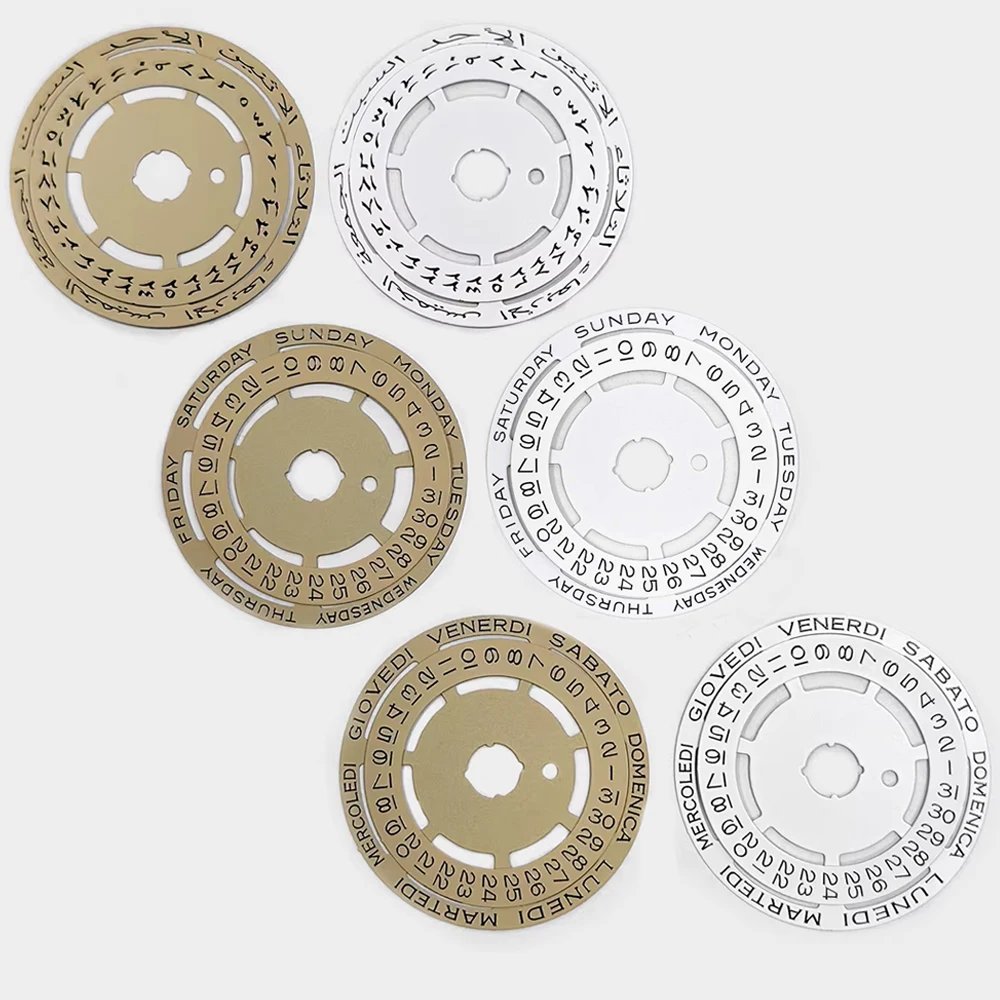 

Yellow/White Watch Calendar Disc English/Italian/Arabic Date Wheel For 2836 2834 8205 Movement Modified Week Day Date Disk Parts
