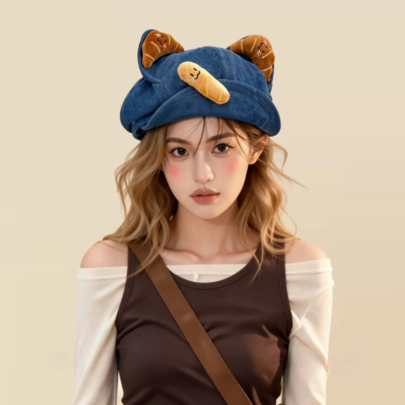 Japanese Cute Cartoon 3D Cat Ear Design Denim Beret Hats for Women Y2K Spring Summer Street Personality Painter Cap Sombreros