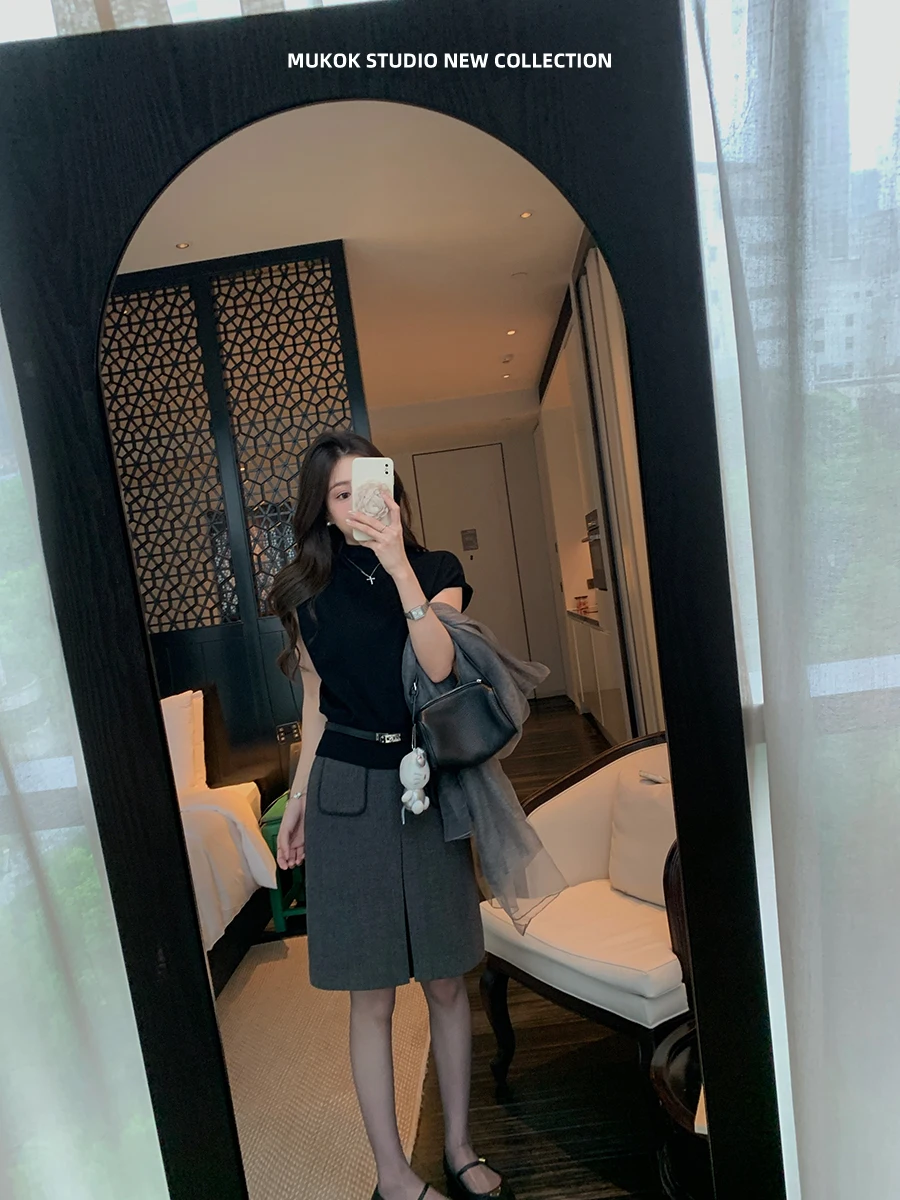 MUKOK Woolen Half Skirt with Weave Band Splicing A-Line Slimming High Waist Simple Style for Ladies Daily Commute