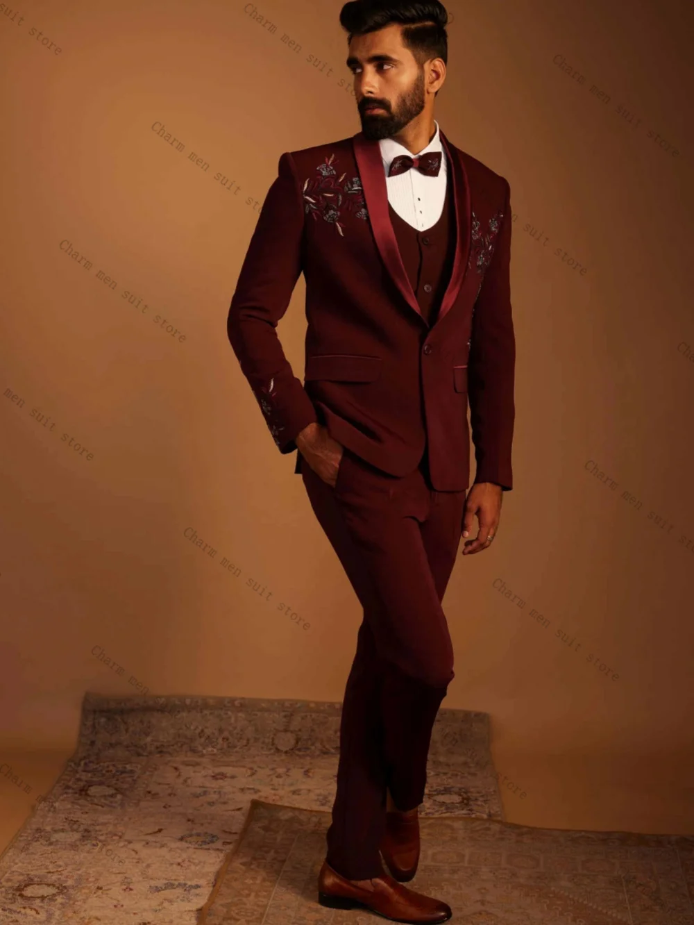 

Red Crystals Men Suits Set 2 Pcs Blazer+Pant Trouser Wedding Tuxedo Satin Lapel Formal Office Cotton Male Groom Prom Jacket Coat