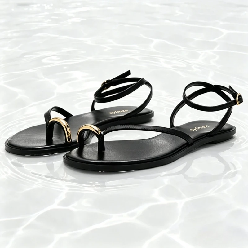 Fashion Metal Detail Clip Toe Flat Sandals Women Elegant Round-toe Ankle Strap Buckle Flip-flops Light Comfortable Women Shoes