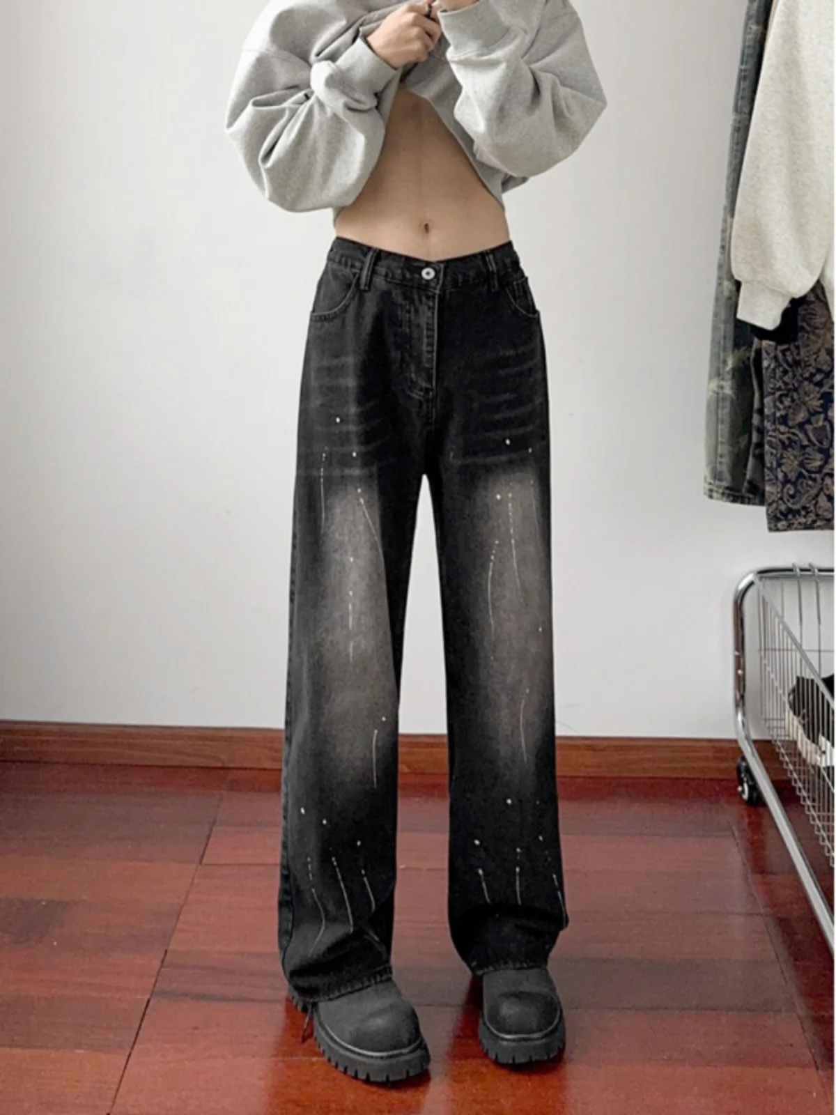 

Black Men's Straight Leg Jeans Water Washed Ink Spray Denim Pants mid Waist Long Trousers Youth Fashion Trend Straight Tube