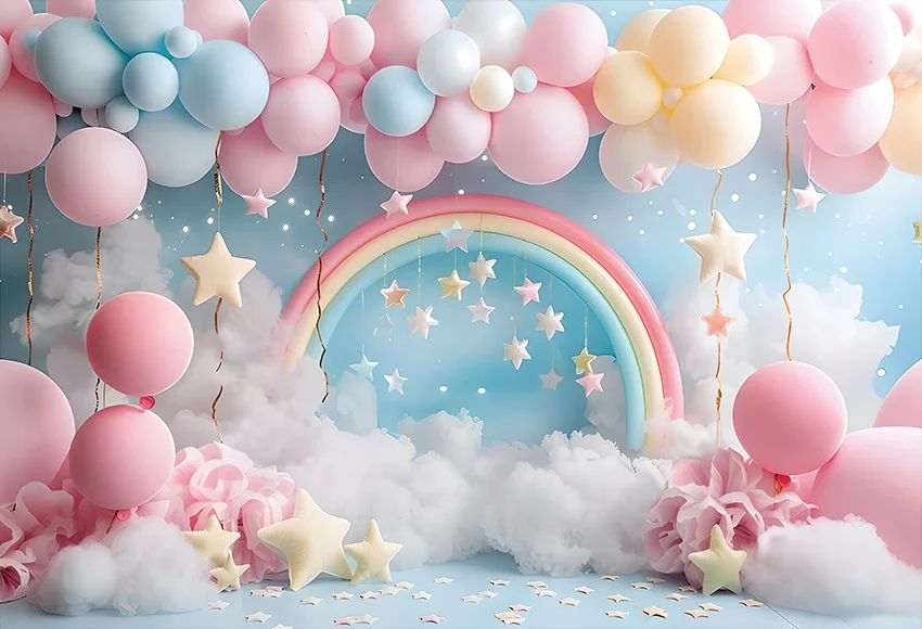 Mehofond Photography Backdrop Pink Balloon Rainbow Decor for Newborn Birthday Party Stars White Clouds Cake Smash Backgrounds