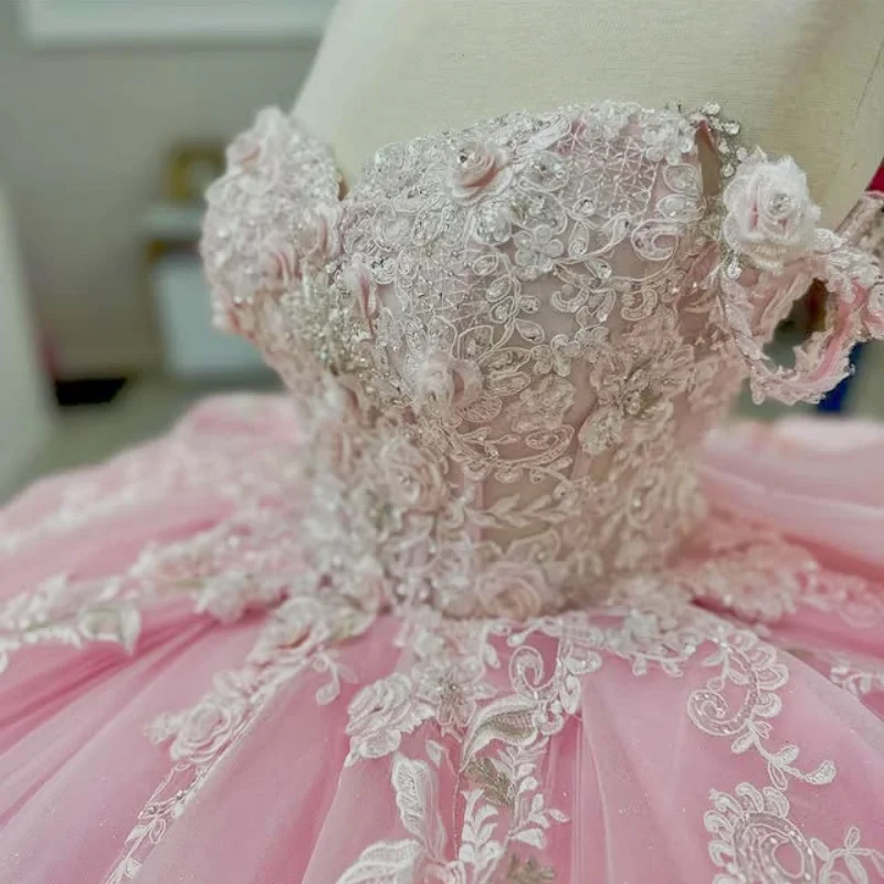 

Customized pink Quinceanera Dresses Off the Shoulder Sequin decal flower Bow layering Long tail Vestido 15 Quinceanera