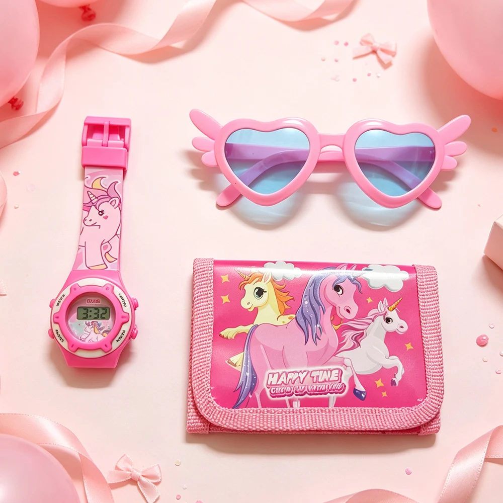 Pink Unicorn Kids Watches Set Includes Sunglasses and Wallet Cute Cartoon Green Dinosaur Kids Watch for Boys Girls Gift