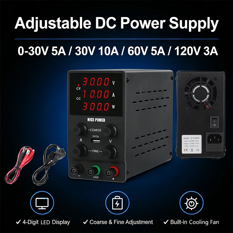 Adjustable Lab DC Power Supply 0-30V 5A/10A 60V 5A 120V 3A 4-Digit LED Display 4 Knobs Coarse & Fine Adjustment with Cooling Fan