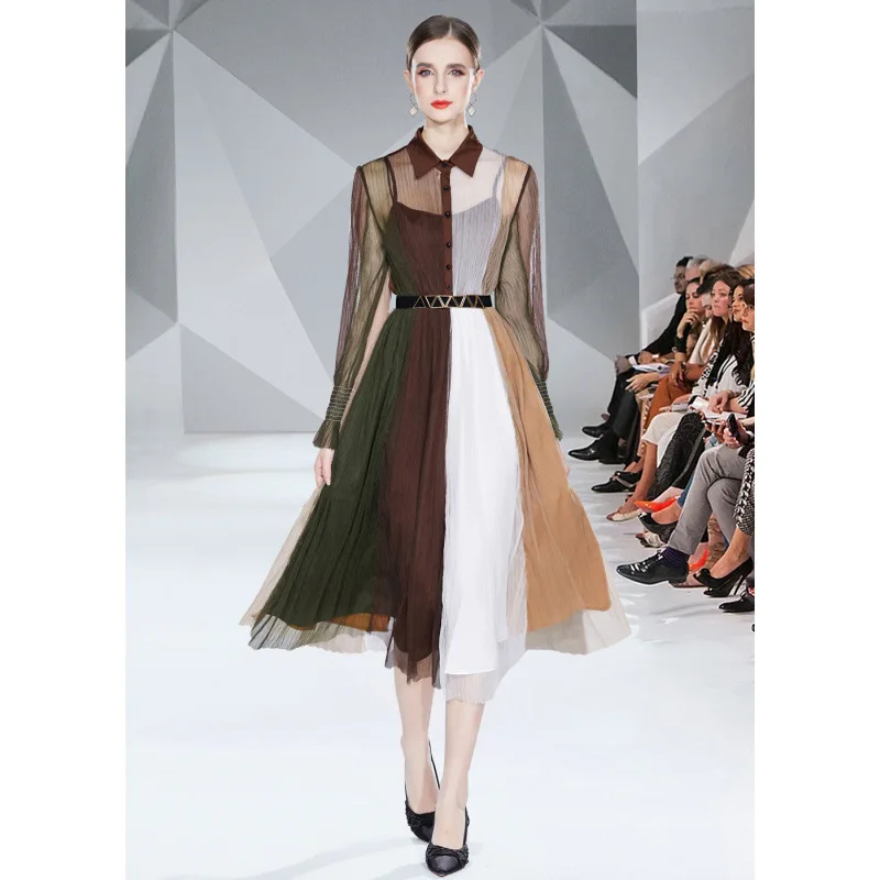 컬러 블록 허리 조임 플리츠 스커트 긴 소매 미디 드레스 여성 패션 봄 가을 폴리에스터 안감 A라인 스커트