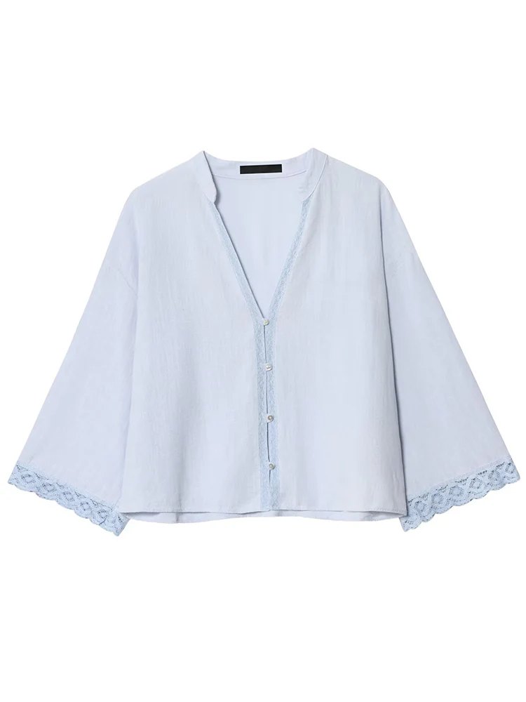 

TFMLN 2025 Women's Long Sleeves Blouse Single Breasted Lace Splice Loose Tops Fashion Fit Women Simple Chic Street Shirt