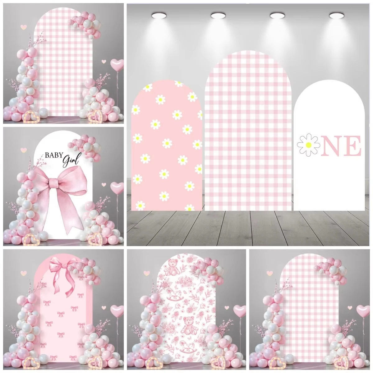 Pink Arch Backgrounds for Photographs Pink Bow Gender Reveal Baby Shower Girls Birthday Party Decoration Kids Portrait Backdrop