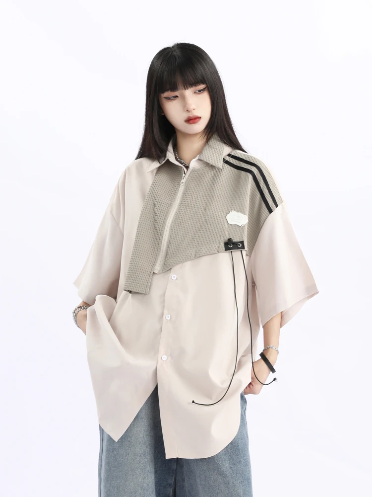 Patchwork Shirts Women Baggy Personality Hip Hop Schoolgirl Half Sleeve Popular All-match Summer Leisure Advanced Breathable