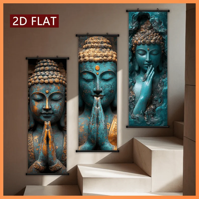 VIKAMA Vintage Stone-Carved Buddha Statue Scroll Tapestry, Wall Hanging for Bedrooms and Living Rooms, Home Decor