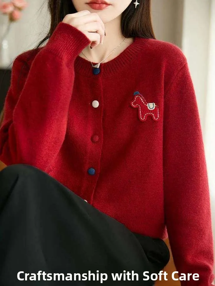 

Утепленный шерстяной вязаный кардиган женский свободного кроя из кашемира с круглым вырезом, вышитый свитер, теплый повседневный стиль, зимний фасон