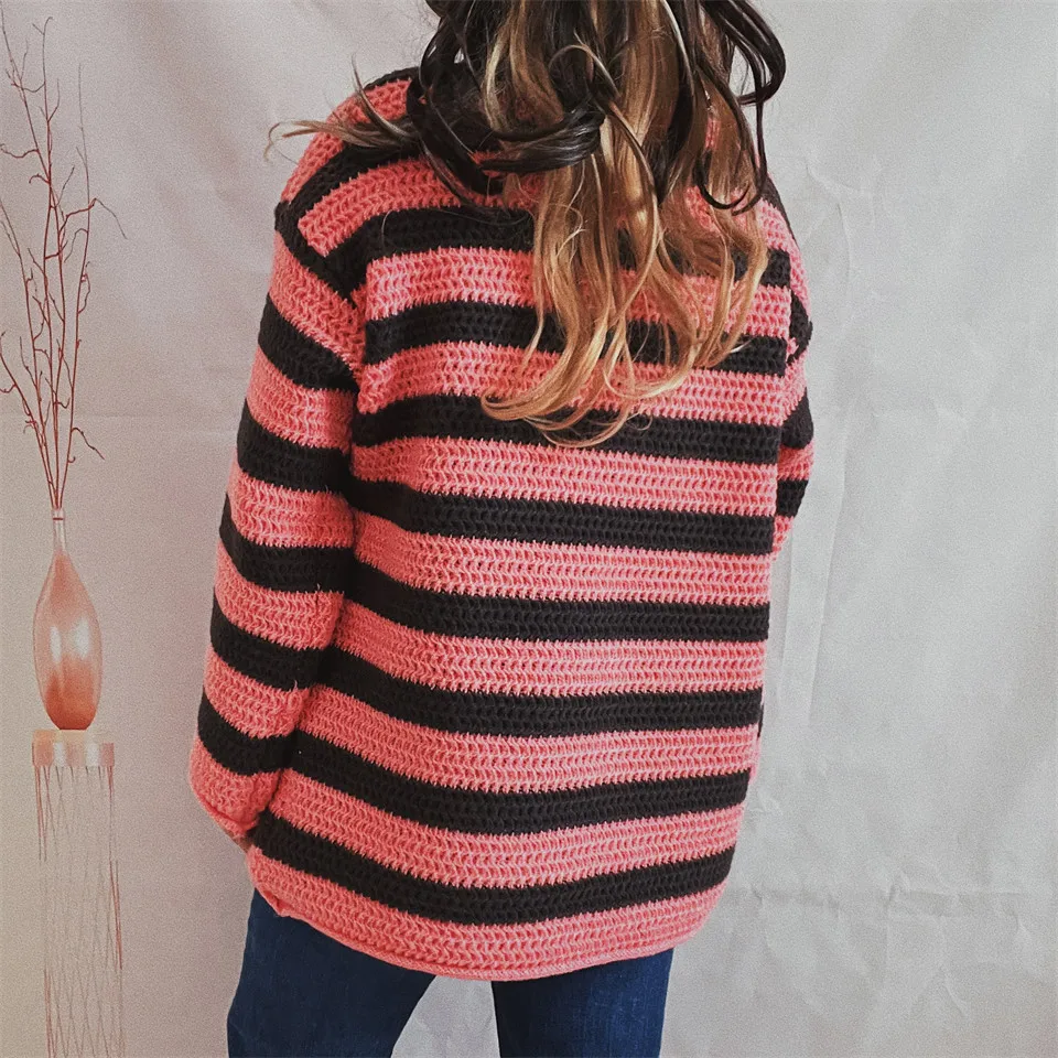 Autumn Winter Sweater Loose Striped Contrasting Colors Fashionable Comfortable Clothes Long-sleeved Knitted One-line Collar Tops