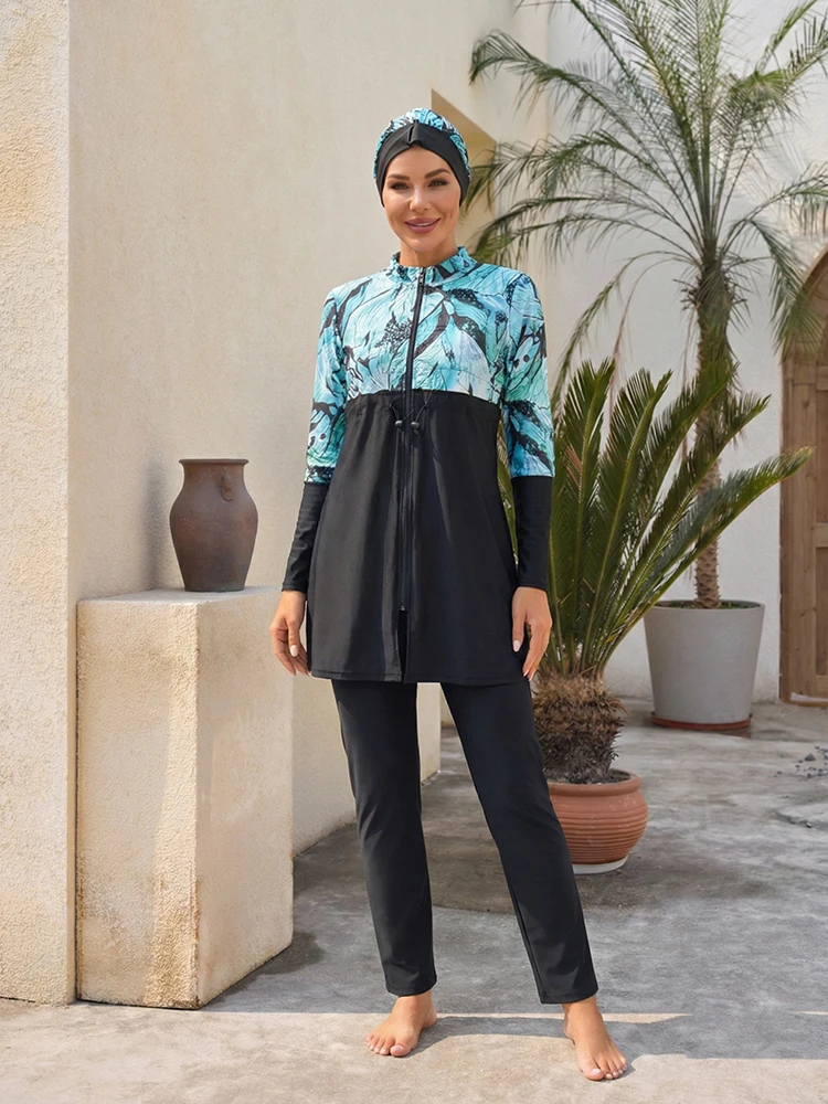 3-teiliges Set Muslimischer Burkini Damen Würdevolle Strandkleidung Damen Langärmeliger Muslimischer Badeanzug UPF50-UV-Schutz – Detail 9