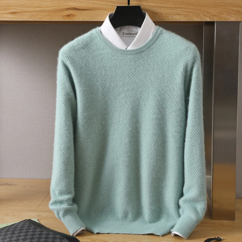 New Men\'s Clothing Autumn Winter Mink Cashmere Sweater Solid Color Big Rice Grain Knit Jumper Large Size Loose Casual Base Top