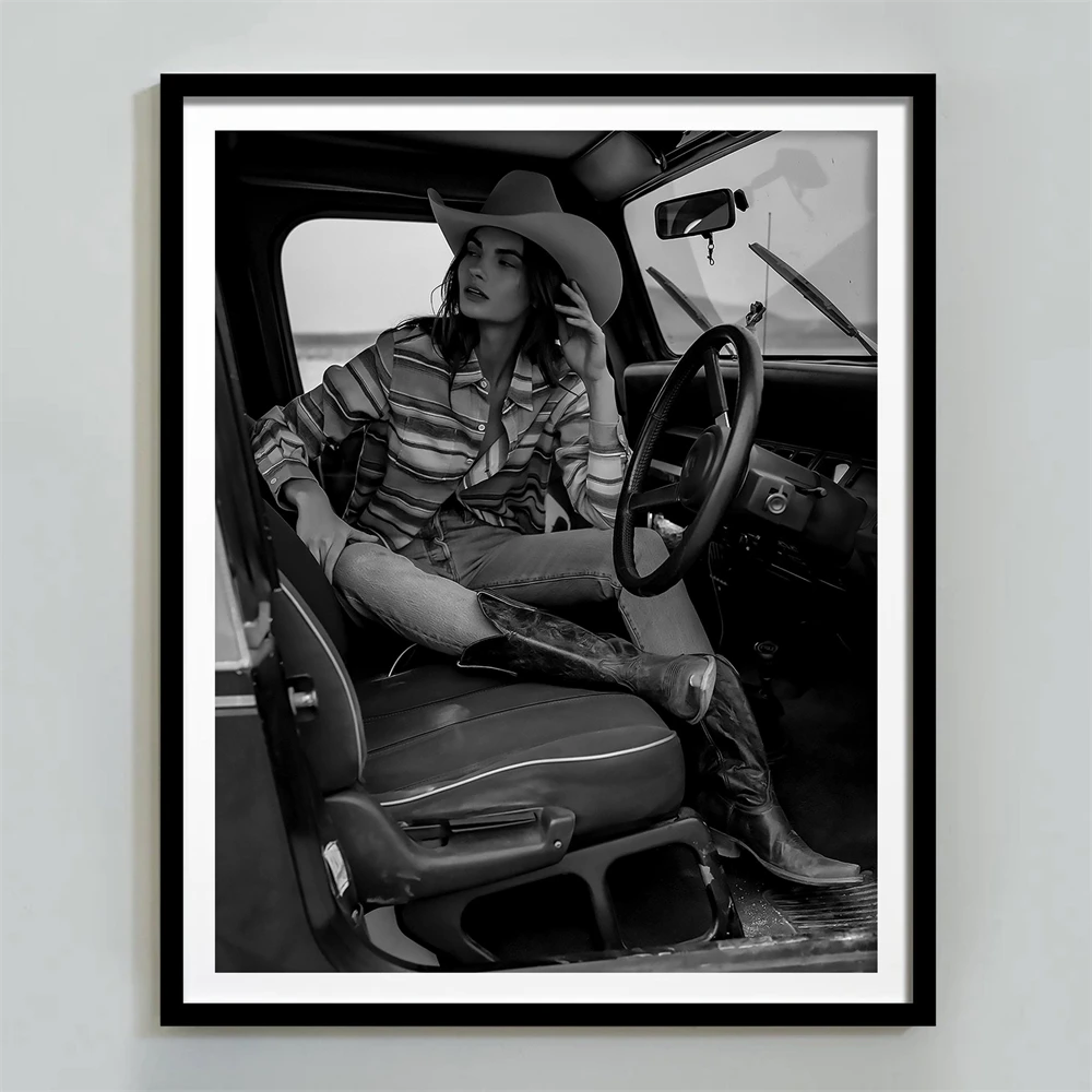 Cowgirl Boots Print Vintage Western Fashion Poster Black and White Beach Print Woman Sunbathing Photography Canvas Painting