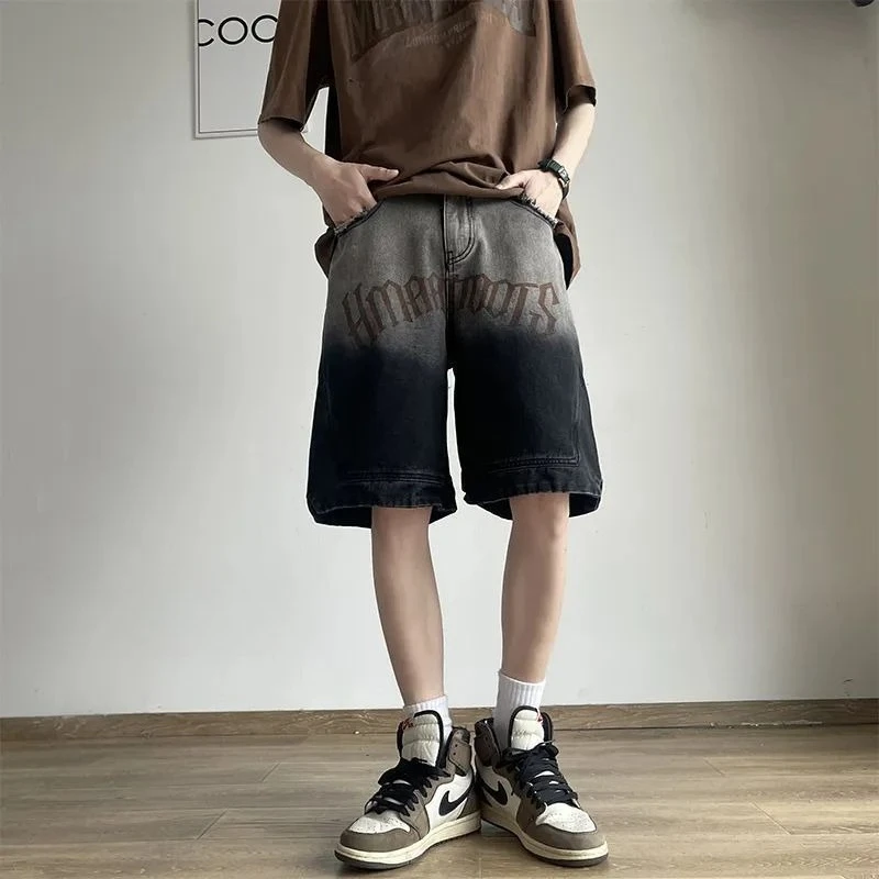 2026 New Men's American Vintage Denim Shorts Summer Distressed Washed Jodhpur Bermuda Shorts Baggy Y2K Streetwear