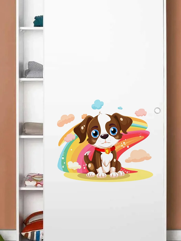 T397# Cute Cartoon Dog With Rainbow Animal Wall Sticker Kids Room Background Home Decoration Mural  Decal