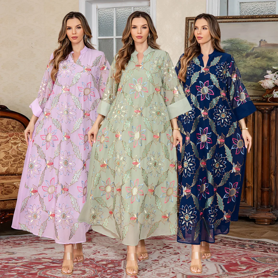 2025 Women's Casual Trendy Embroideried Loose Basic Elegant Sequined Dresses Female Abaya Clothes Middle East Muslim New Fashion