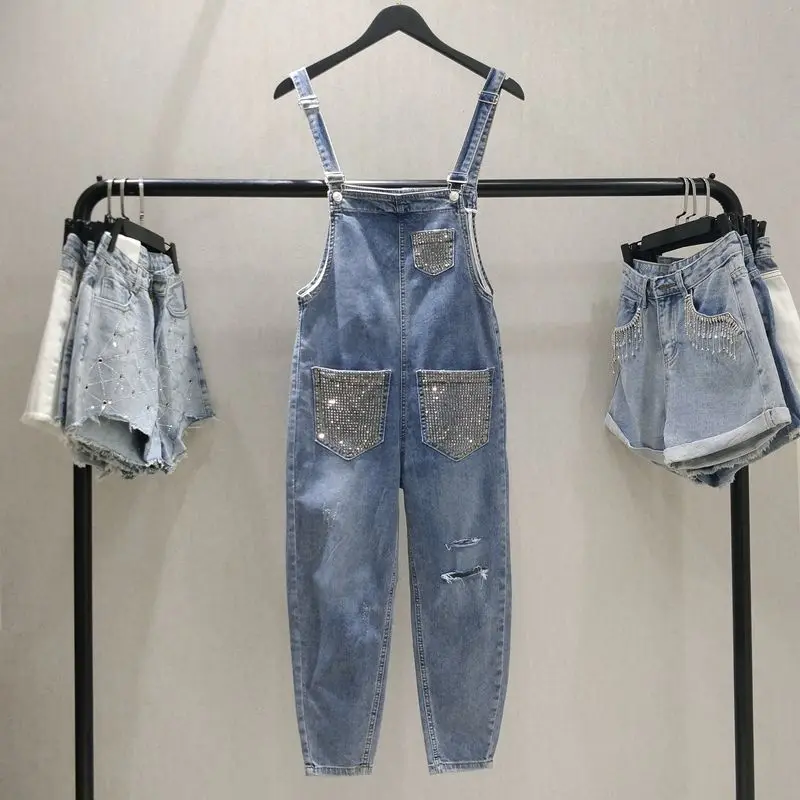 European Goods High Waist Denim Suspender Pants for Women2024Spring and Autumn New Hot Rhinestone Jumpsuit Ripped Slimming Ankle