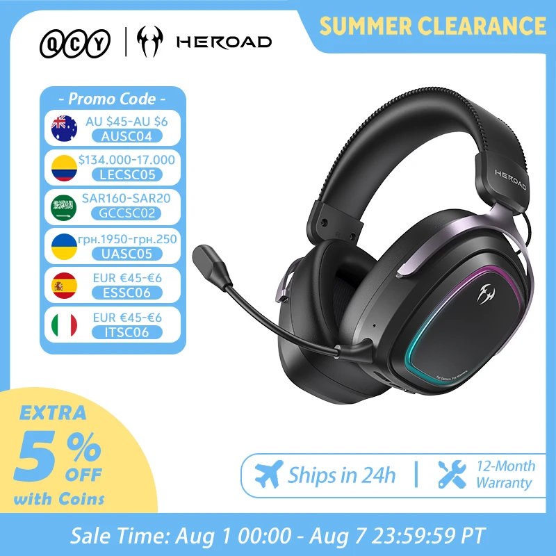 QCY Gaming Headset Heroad GT2 H5GMA THX Spatial Audio+7.1.4 Tri-mode RGB 3Mic ENC Over Ear Headphone for PC/PS5 Headset Gamer