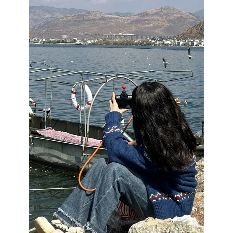 여성용 빈티지 프린트 니트 가디건, 일본 하라주쿠 스웨터, 겉옷, 겨울 미학적 긴팔 점퍼, 한국 니트웨어