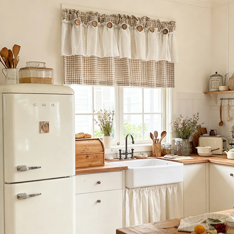 1Piece Japanese Retro Plaid Short Curtain White Ruffled and Button Design Half Curtain For Kitchen, Living Room Bathroom