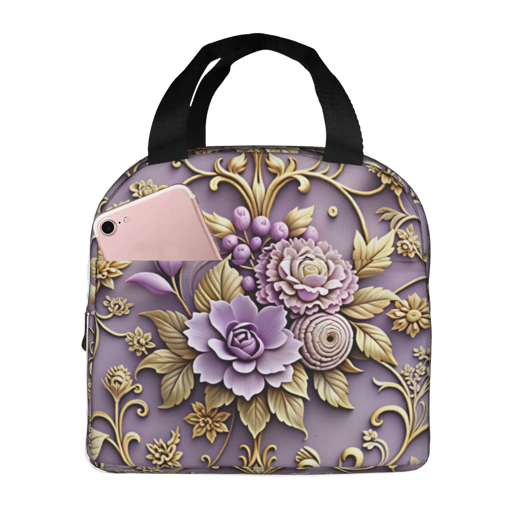 Luxury High 3D Floral Thermal Insulated Lunch Bags Fashion Trend 3D Flowers Portable Lunch Tote for School  Storage Food Box