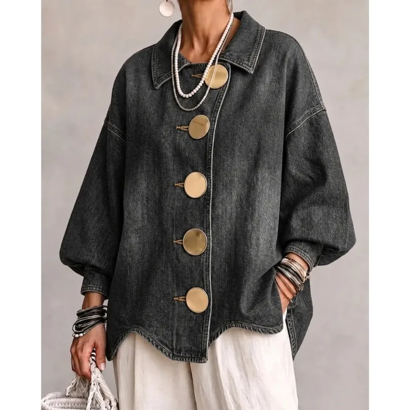 Women Oversized Denim Jacket Lapel Collar Big Gold Buttons Lantern Puff Long Sleeve Loose Irregular Hem Casual Jean Coat