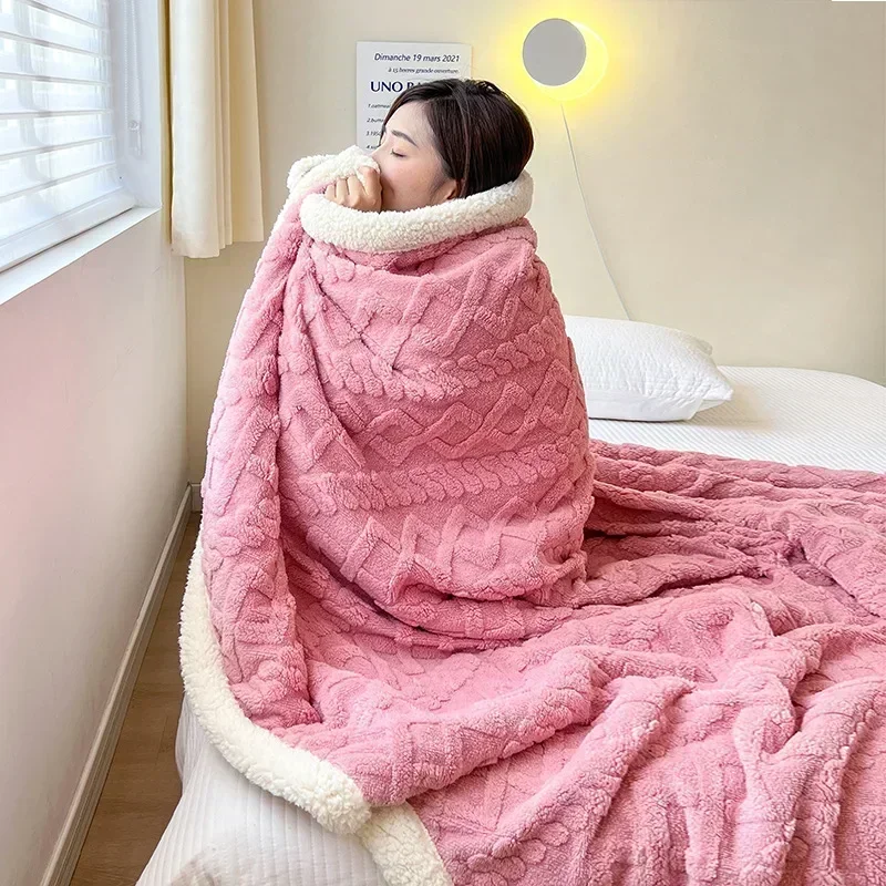 Winter Blanket Lamb Wool Thick Double Side Microfiber Flannel Super Soft Throw Blanket for Bed Comfortable Warm Comforter Double