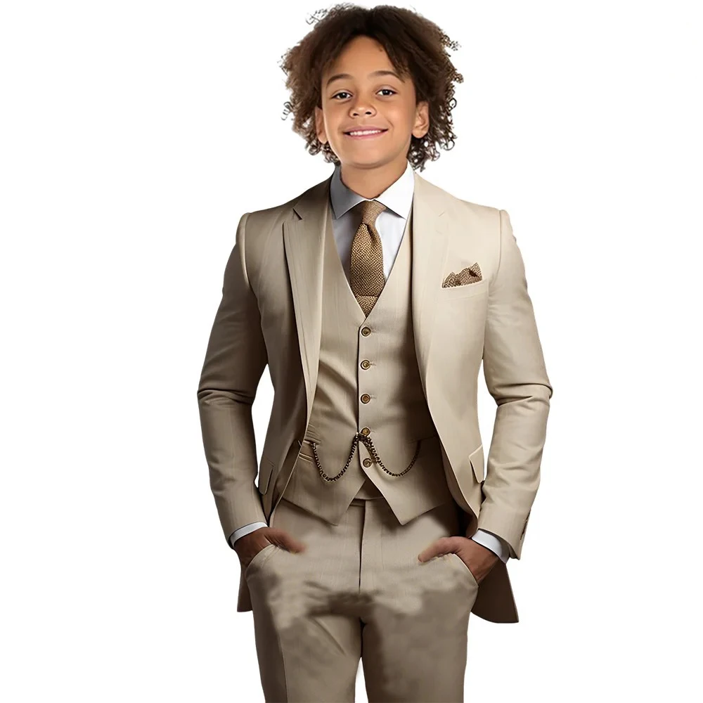 Boys' Suits Beige Formal 3-Piece Set (jacket+vest+pants) For Wedding Prom Party Outfit Teen Kids Clothes Child Tuxedos