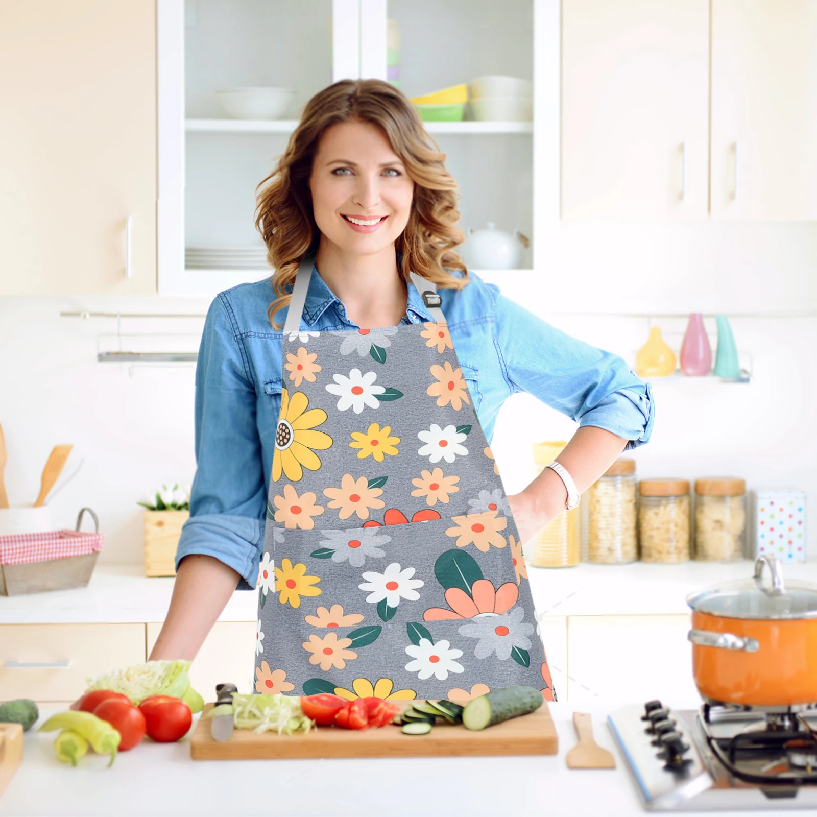 

2pcs Kitchen Apron Adjustable Belt Floral Patterned Outdoor Grill Bbq With Pocket Reusable Cotton Linen Lightweight Women Chef