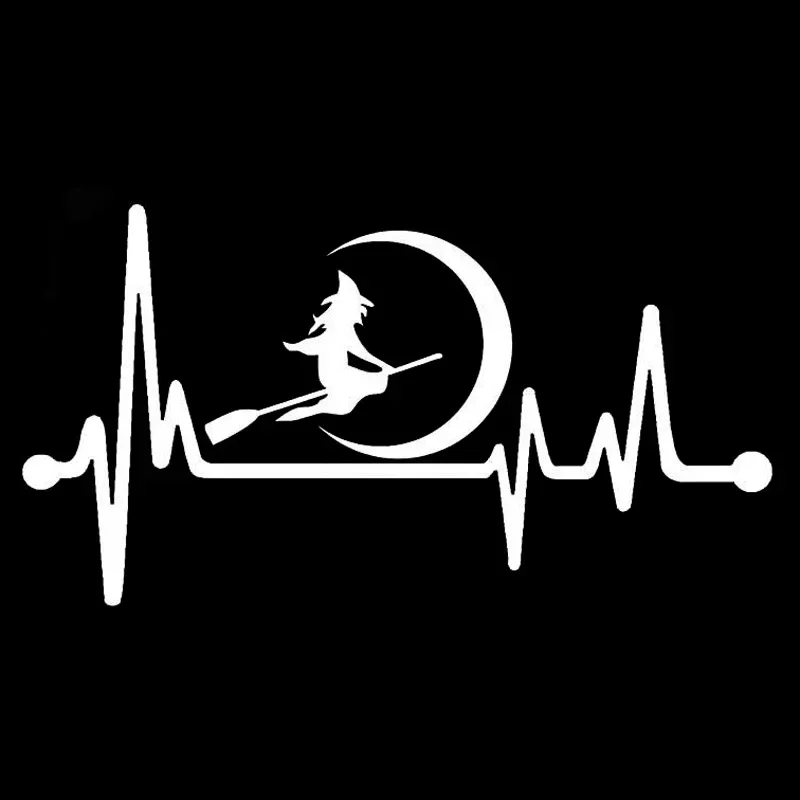 Cute Witch Moon Broom Heartbeat Vinyl Black/Silver Car Sticker for Volkswagen Stickers13.7cm*7.3cm