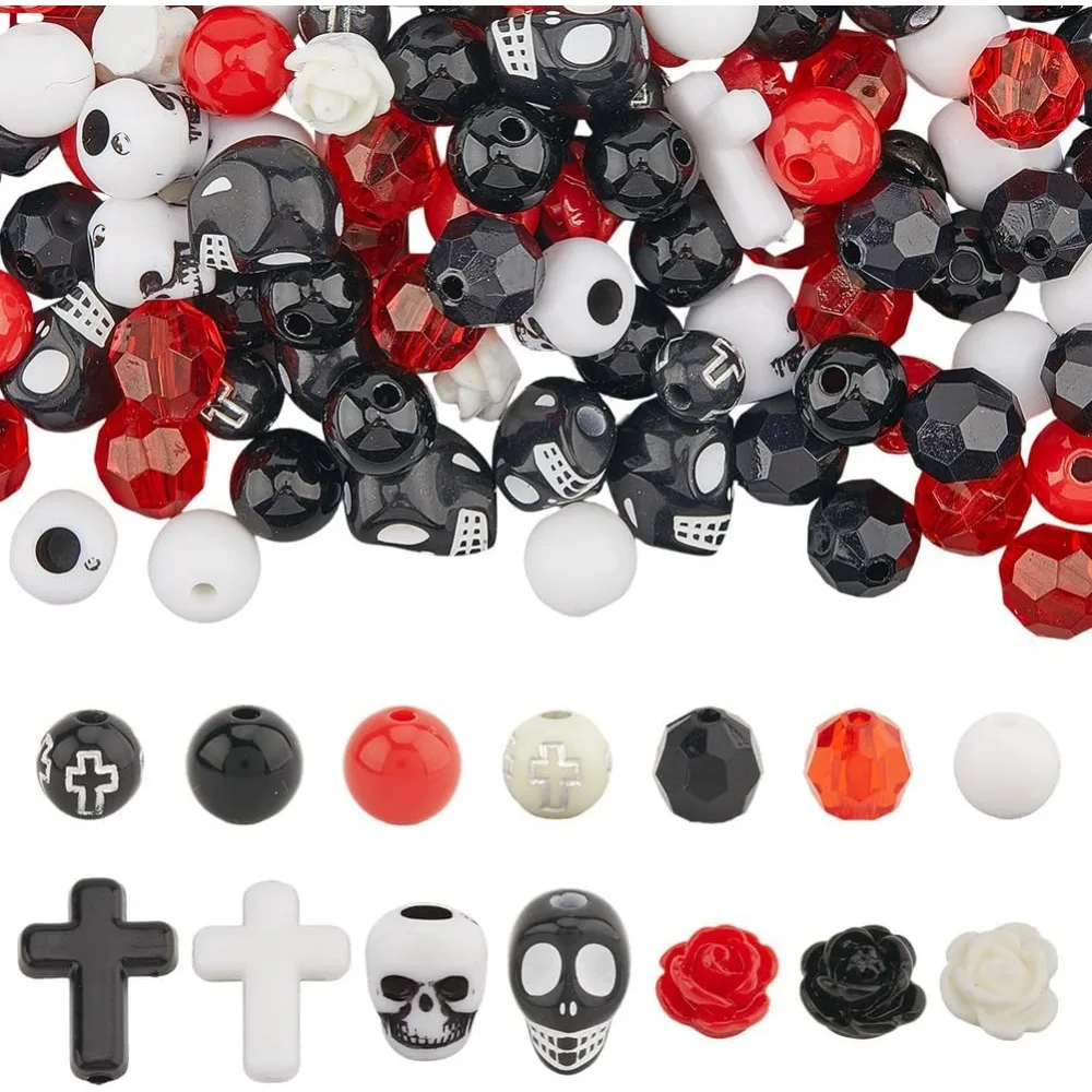 

500Pcs Skull Bead Kit Stone Skull Beads Black Red White Rose Flower Gothic Cross Charm Crosses Charms Halloween Loose Spacers