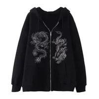 2023 Dragon Pattern Printed Zipper Sweatshirt Trendy Hoodie Loose Fit Fleece Jacket Y2k Women's Clothing European Street Style