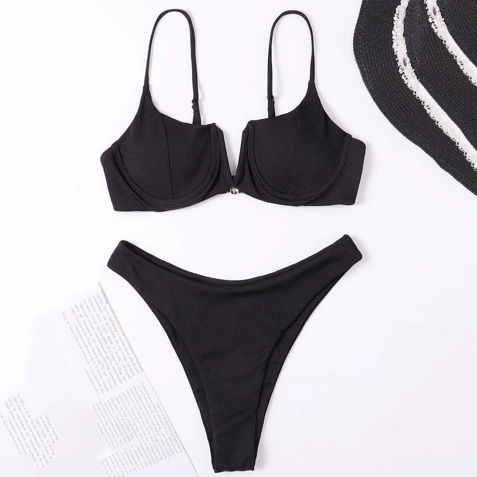 Ensemble de bikini à volants pour femme, maillot de bain en acier de type V, bande, rembourré, push-up, bord de mer, bikini, maillot de bain femme