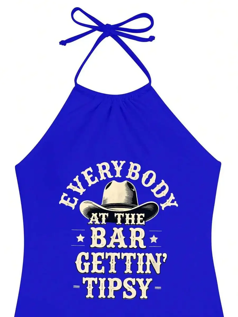 

Womens Halter Neck Graphic Swimsuit Top With Cowboy Hat Print