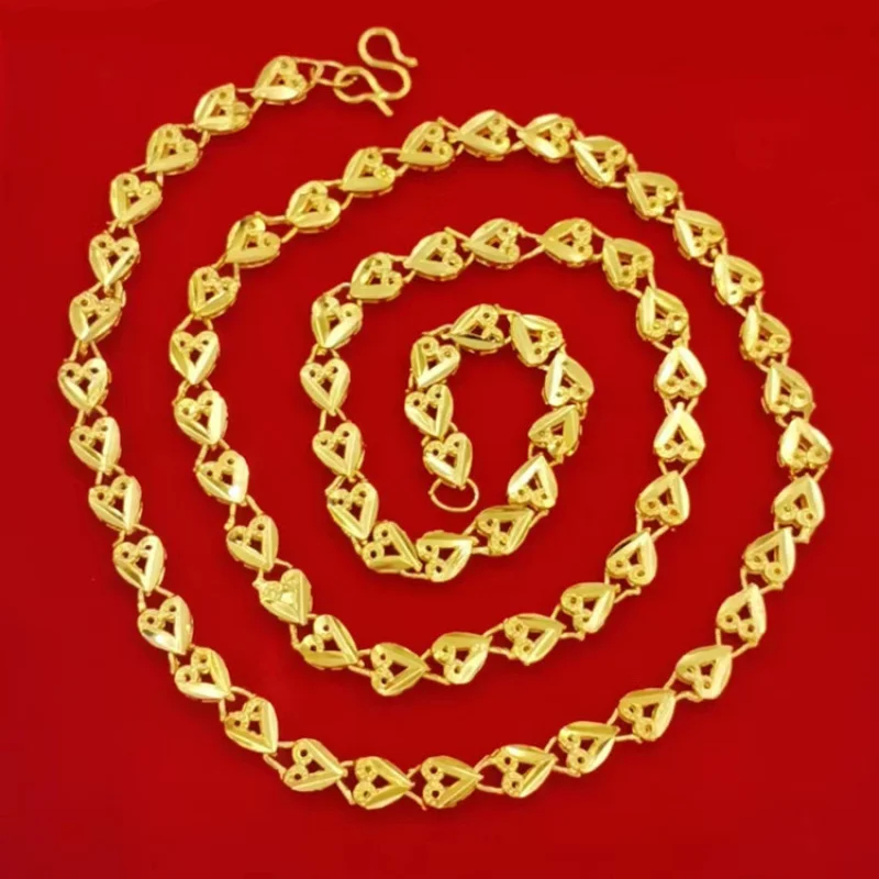 Luxury 100% Real 24K Gold Heart Necklace, Wedding Jewelry Ethnic Style Women'S Heart-Shaped Pendant Chain
