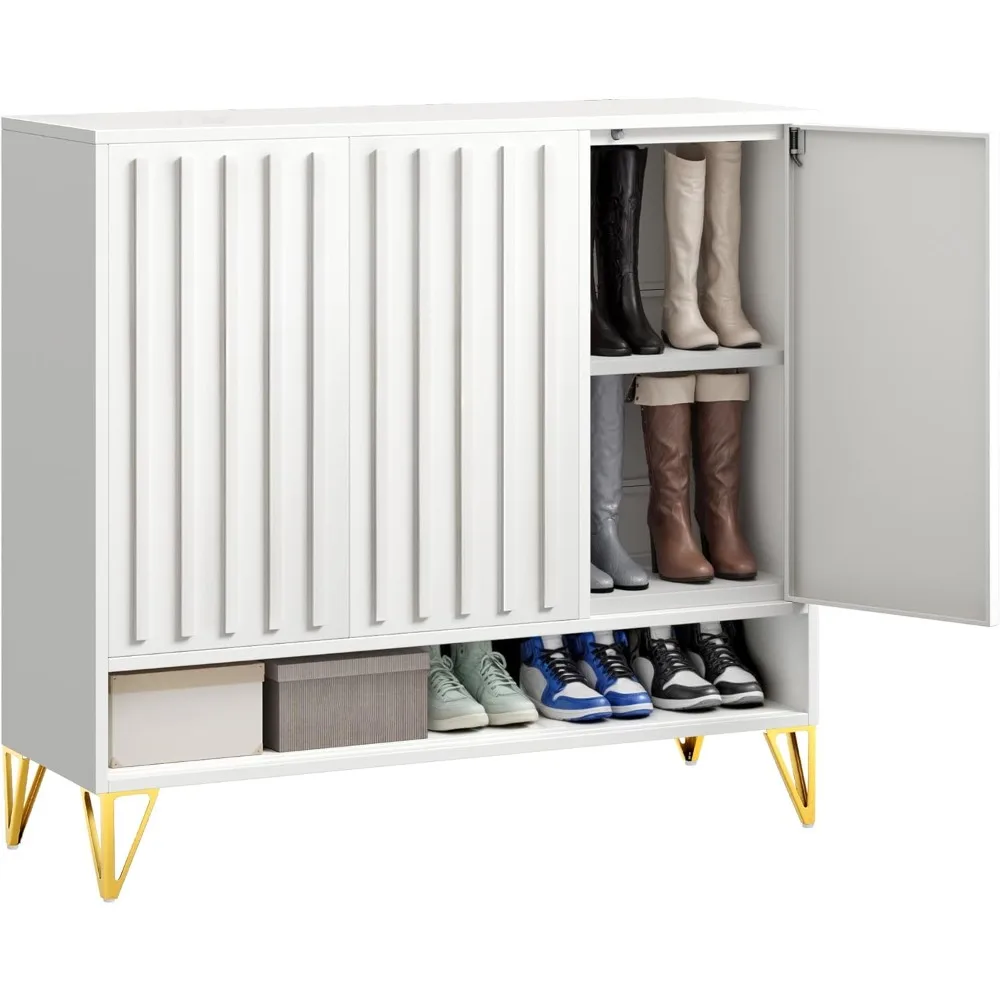 

Shoe Storage Cabinet with Adjustable Shelves, 5-Tier Steel Shoe Cabinets with 3 Doors, Modern Fluted Free Standing Shoe Organiz