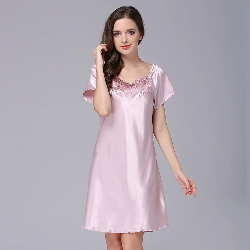Ice Silk Casual Silk Pajamas Women Summer Sexy Short-sleeved Lace Nightdress Home Clothes Women Nightwear