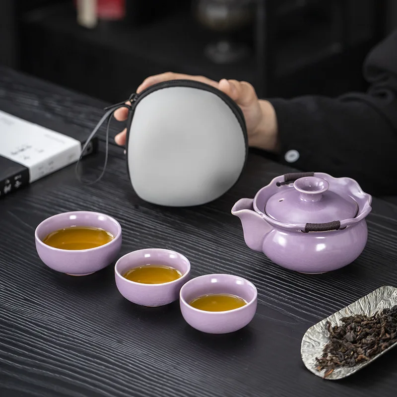 

Purple Ru Kiln travel tea sets, portable tea cups, teapots, outdoor ceramic hand-held teapots, and quick guest cups