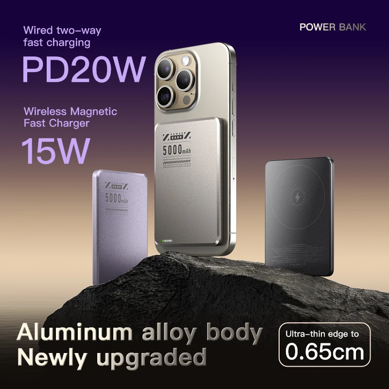 Portabel perjalanan ultra-tipis alloy shell cadangan baterai iPhone eksternal power bank Qi2 wireless charge powerbank untuk Magsafe