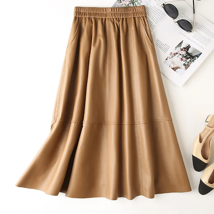 

2023 Women New Genuine Leather Skirt Versatile Elastic Waist Long Sheepskin Umbrella Skirt E61