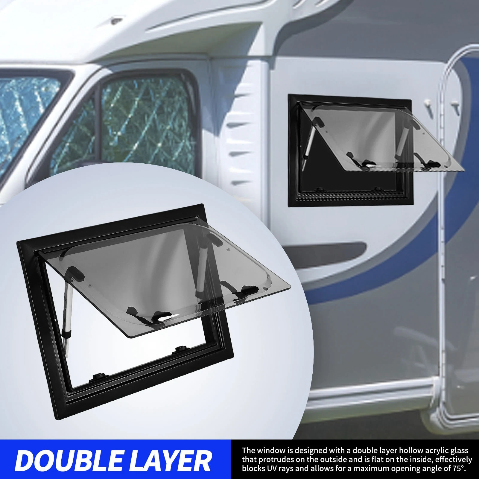 

20x12inch Push Out Rv Window UV Protection Double Layer Hollow Glass Right Angle RV Window with Screen and Sunshade