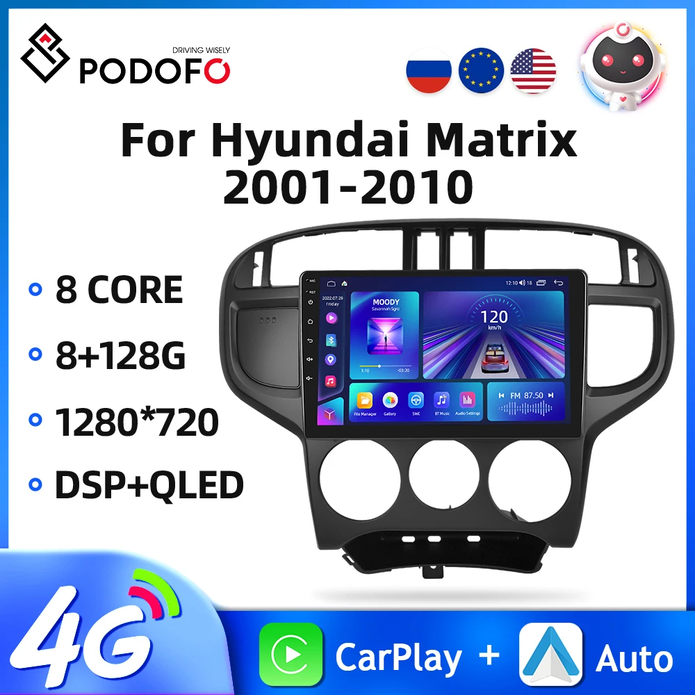 Podofo Android11 9'' Car Radio For Hyundai Matrix 2001-2010 Multimedia Video Player GPS Navigation 4G WIFI Carplay Car Stereo BT