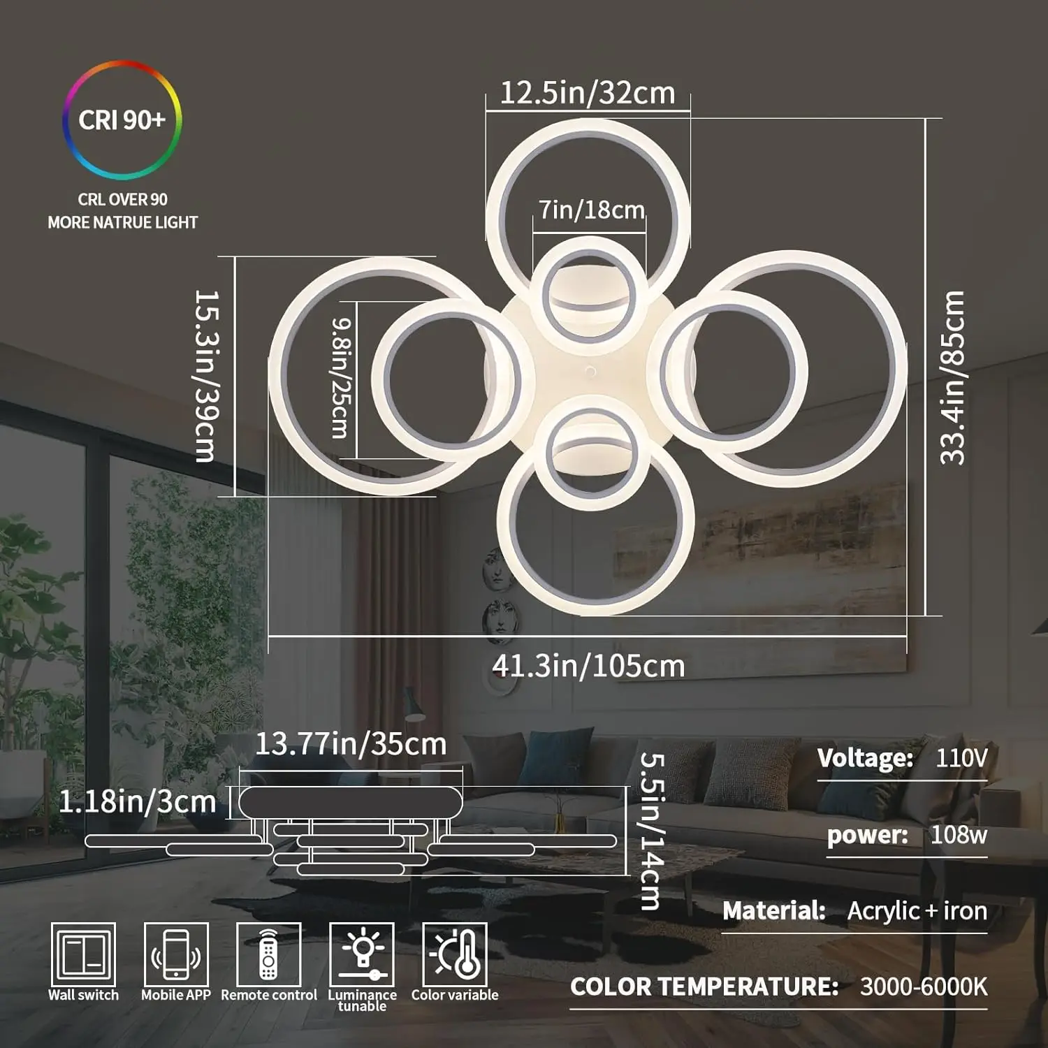 Modern Led Ceiling Light, Dimmable Led Chandelier Flush Mount Ceiling Lights, Remote Control Acrylic Ring Ceiling Lamp Fixture