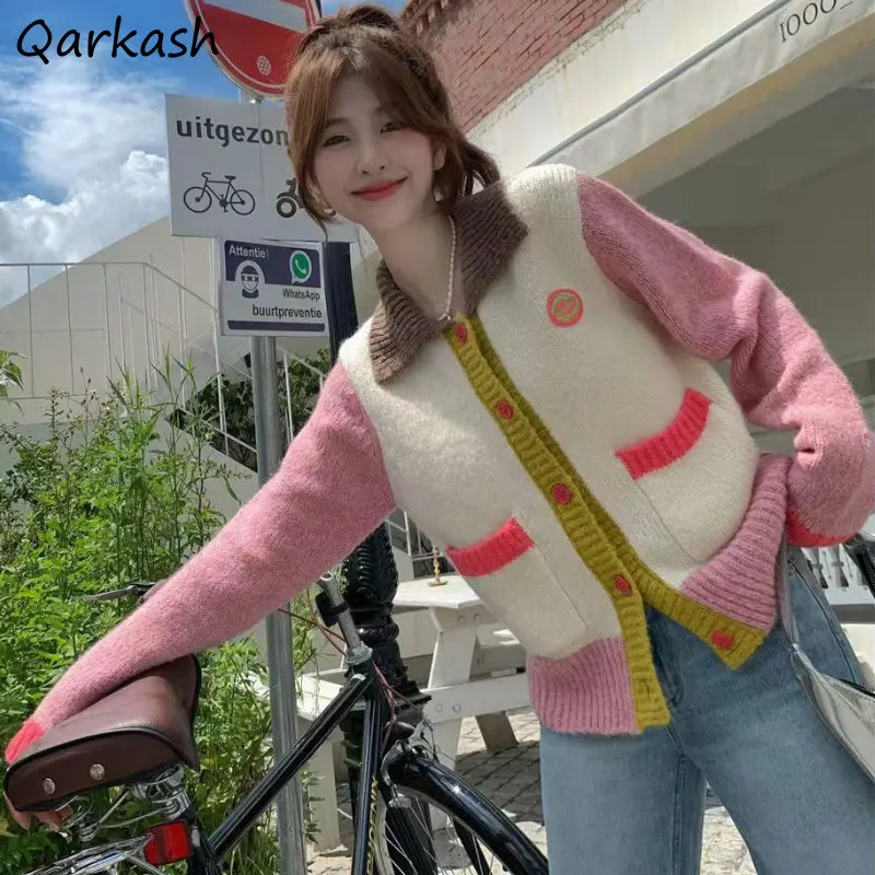 Cardigan Women Pink Clothes Baggy Harajuku Sweet Japanese Temper Personal Streetwear Pockets Panelled Design Girlish Knit Preppy