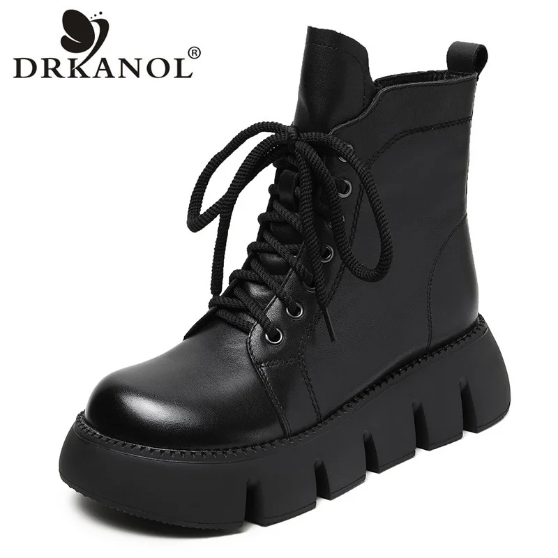 DRKANOL Fashion Thick Bottom Women Boots Autumn Winter Warm Short Plush Wedges Platform Ankle Boots For Women Handmade Retro