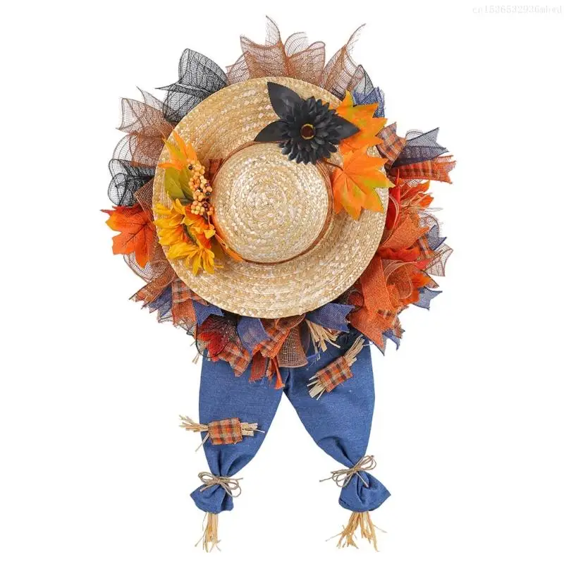 

Harvest Festival Theme Door Wreath Straw Hat and Denims Jeans Garlands for Indoor Outdoor Thanksgiving Party Supplies F0T4