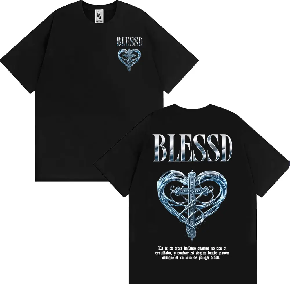 

Rapper Blessd El Bendito Heart Double Sided Graphic T-shirt Men Women's Clothing Cotton Fashion Short Sleeve T Shirts Streetwear